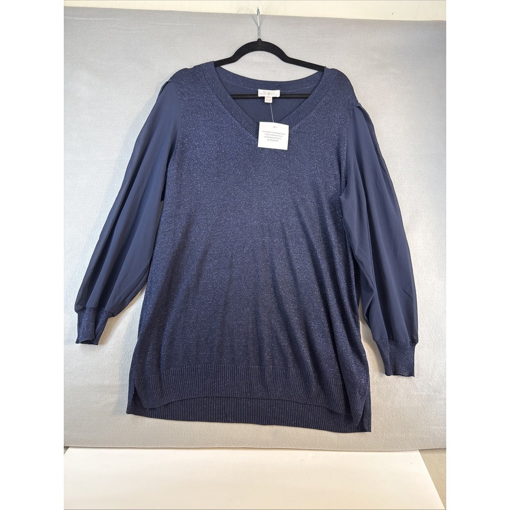 Belle by Kim Gravel Size 1x Top Blue Blouse Sheer Long Sleeves